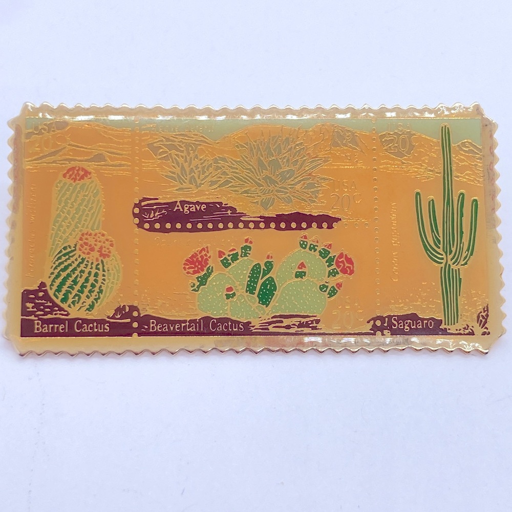 Desert Cactus Pin Winco International USPS Postage Stamp Design Gold Tone